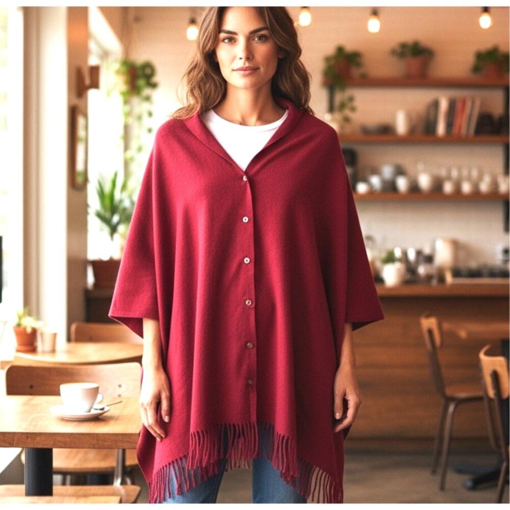 Fadivo NY Poncho Cape Shawl NWT OS Fringe Snap Front Cottage Core Boho